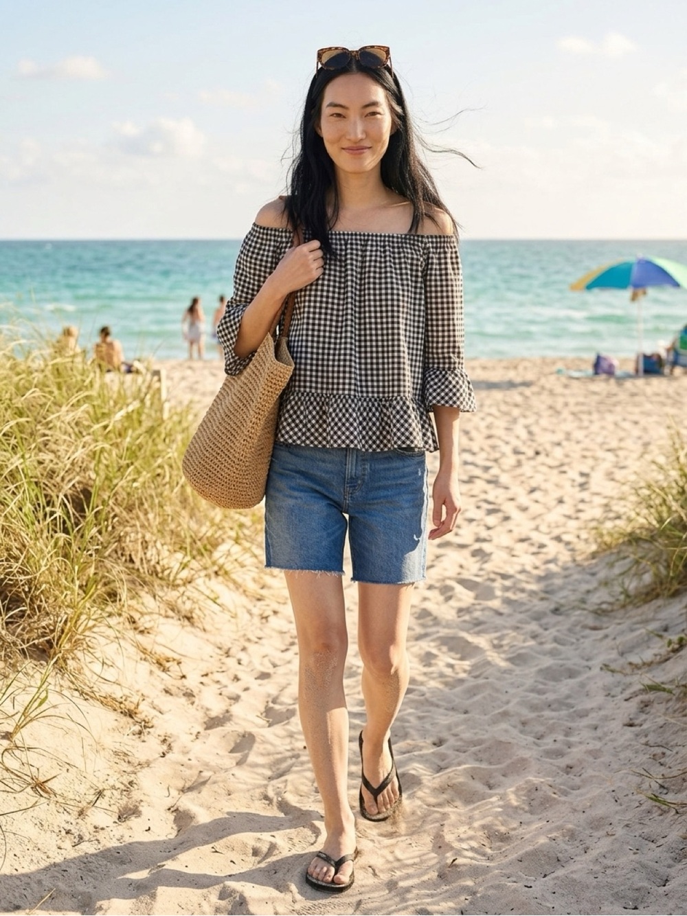 Beach Lunch Lounge Black & White Gingham Plaid Off-Shoulder Ruffle Top